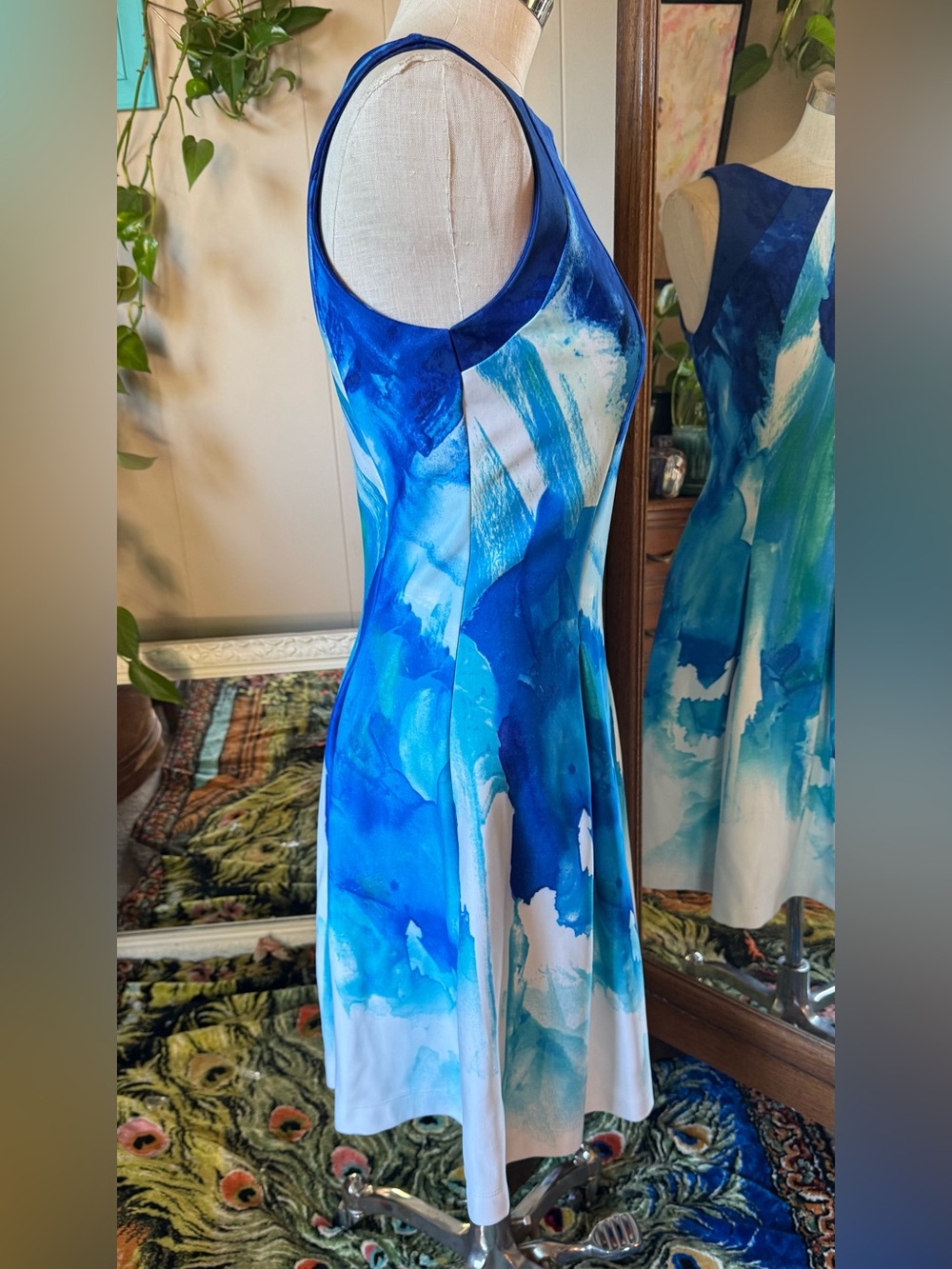Dressbarn Sleeveless Blue Watercolor Fit-and-Flare Dress, size 12 - Picture 3 of 10